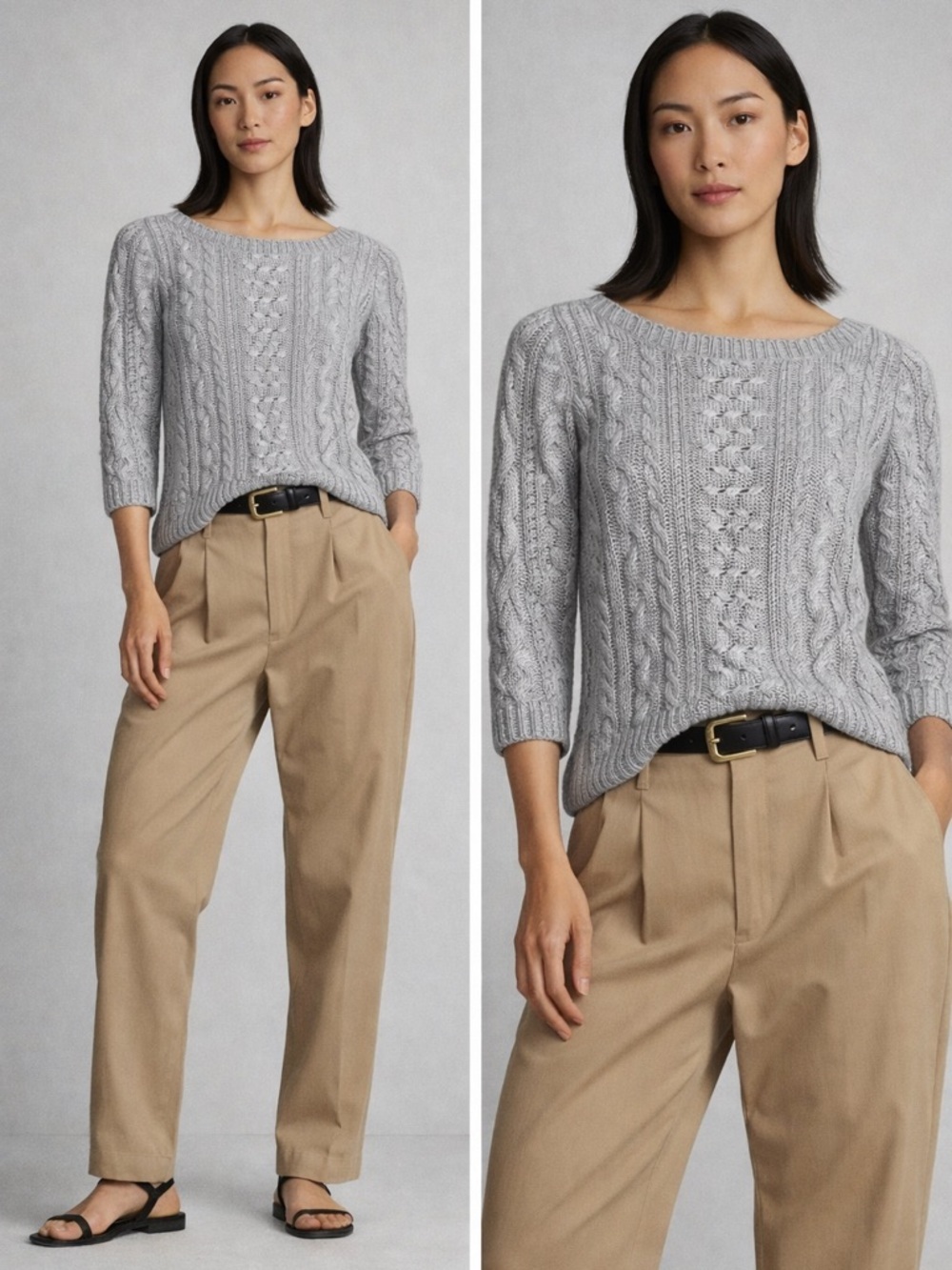 Lauren Ralph Lauren Petite Metallic Cable Knit Sweater Silver 3/4 Sleeve NWT​